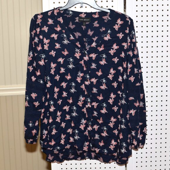 Plus Size 14/16 Lane Bryant Butterfly V-Neck Long Sleeve Button Front Lace Top - Picture 4 of 10